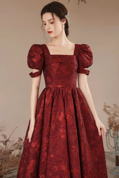 Burgundy Short Sleeve Tea Length Prom Dress Lovely A-Line Evening Party Dress