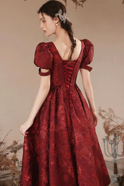 Burgundy Short Sleeve Tea Length Prom Dress Lovely A-Line Evening Party Dress