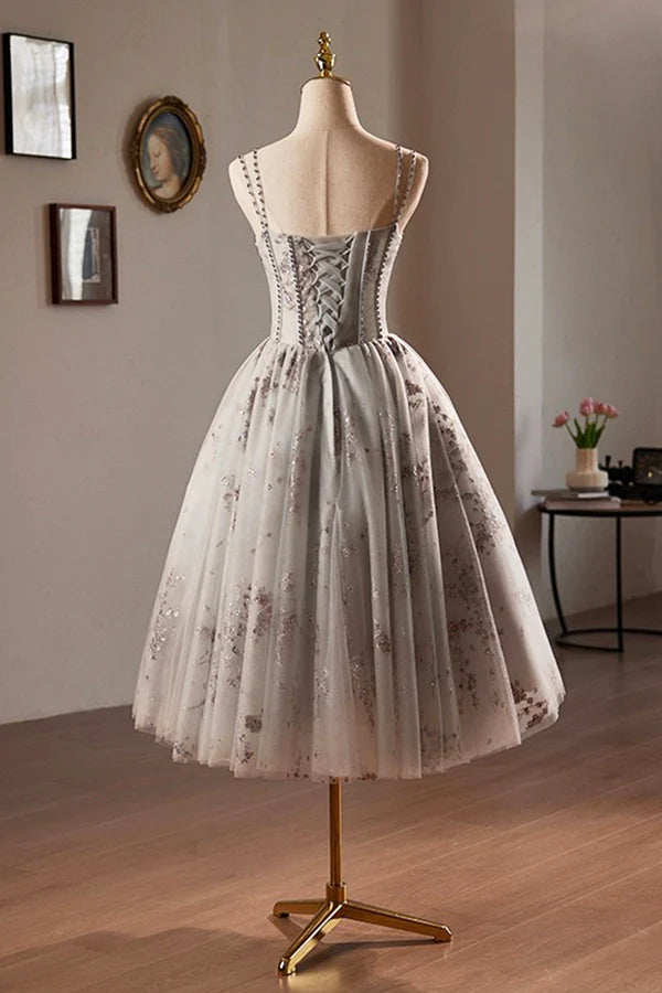 Gray Tulle Sequins Short Prom Dress A-Line Spaghetti Straps Backless Party Dress