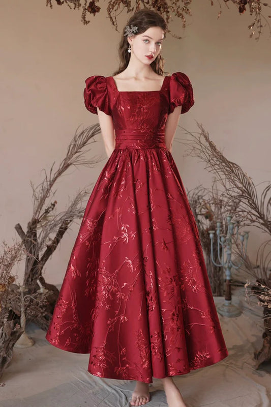 Burgundy Tea Length A-Line Prom Dress Lovely Short Sleeve Party Dress