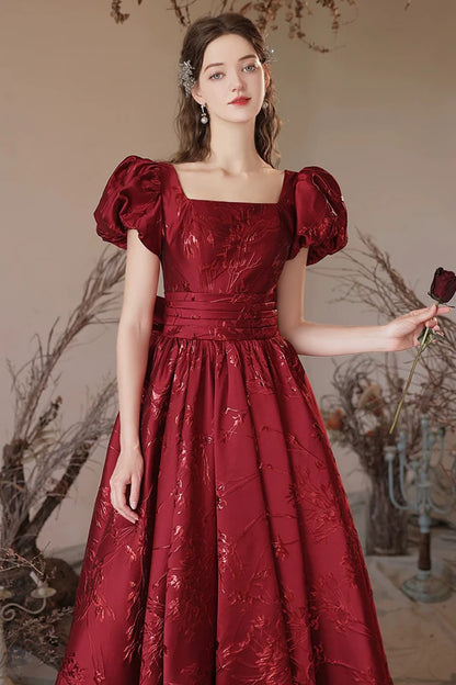 Burgundy Tea Length A-Line Prom Dress Lovely Short Sleeve Party Dress