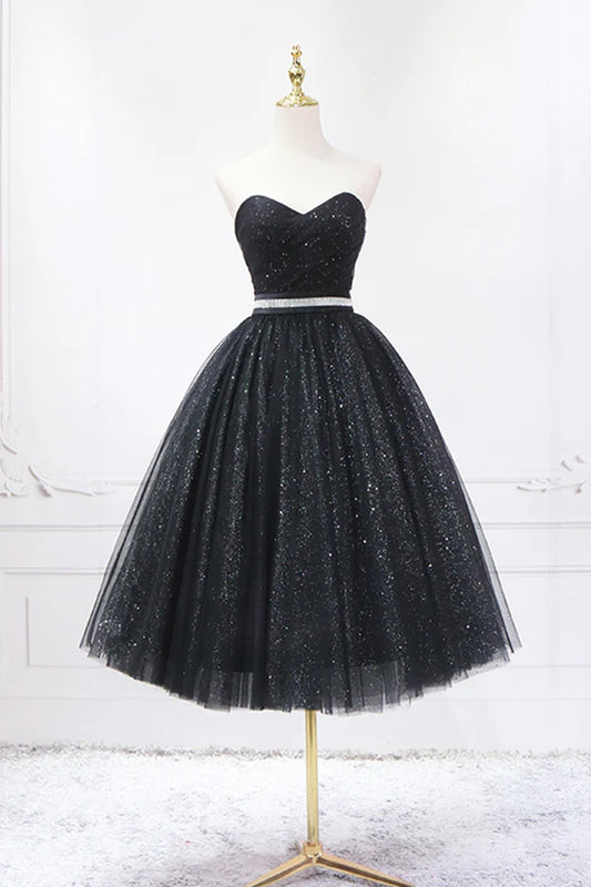 Black Strapless Shiny Tulle Tea Length Prom Dress Black A-Line Homecoming Dress