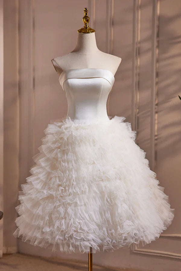 Ivory Strapless Tulle Short Prom Dress Lovely A-Line Evening Party Dress