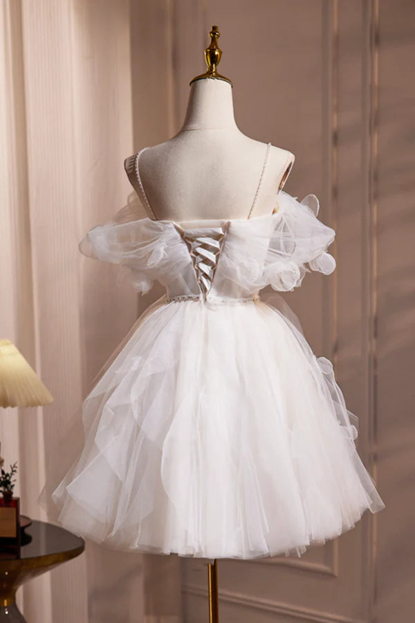 Light Champagne Spaghetti Strap Tulle Short Prom Dress Beautiful A-Line Evening Party Dress