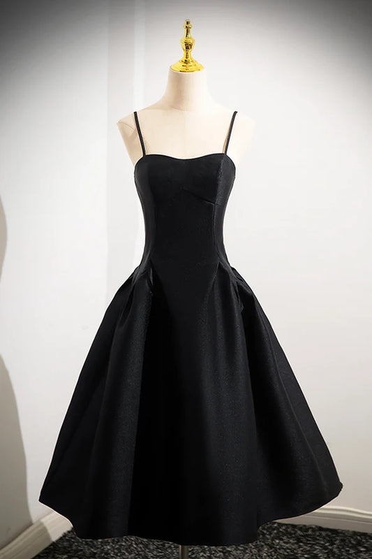 Black Spaghetti Strap Satin Short Prom Dress Simple A-Line Homecoming Party Dress