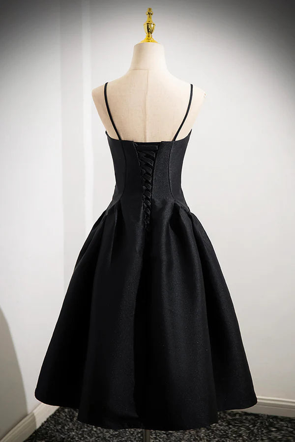 Black Spaghetti Strap Satin Short Prom Dress Simple A-Line Homecoming Party Dress