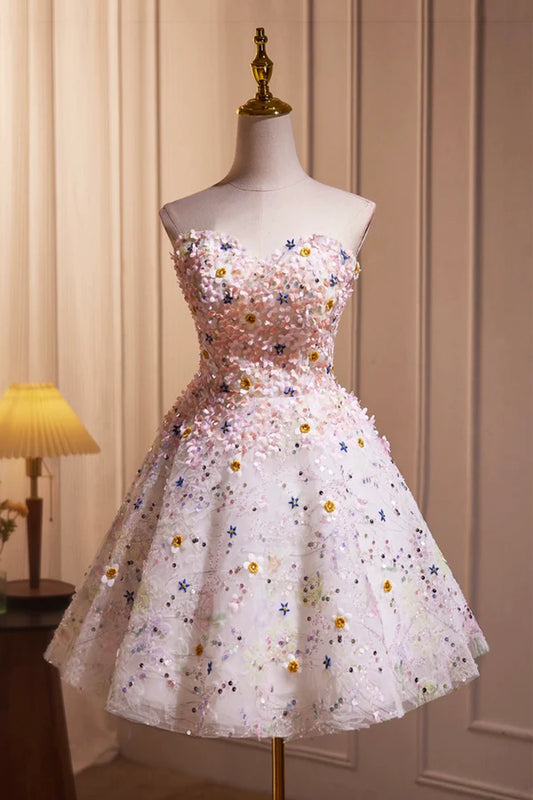 Cute 3D Floral Knee Length Party Dress A-line Strapless Homecoming Dress