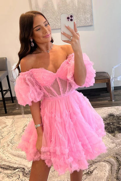 Pink Tulle Short A-Line Prom Dress Cute Puff Sleeves Homecoming Dress