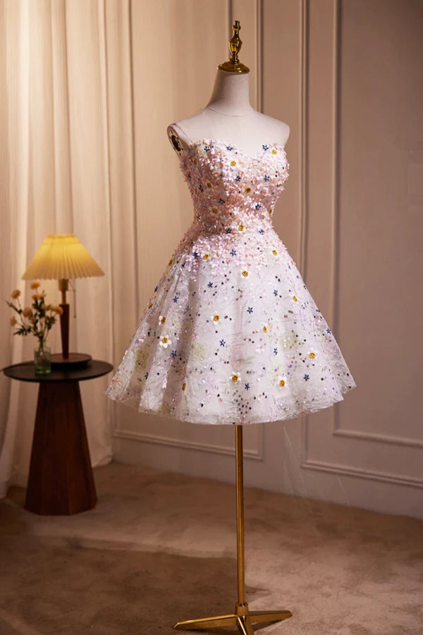 Cute 3D Floral Knee Length Party Dress A-line Strapless Homecoming Dress