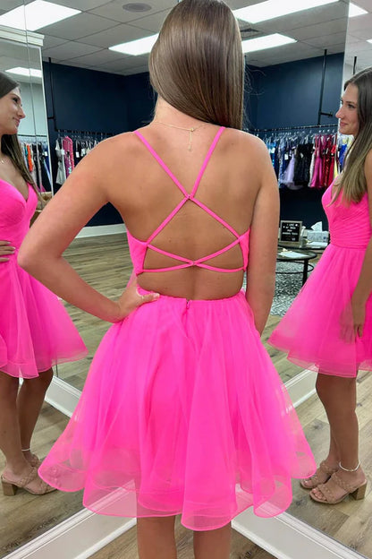 Straps Hot Pink Tulle Pleated A-line Party Dress Deep V Neck Tulle Homecoming Dress