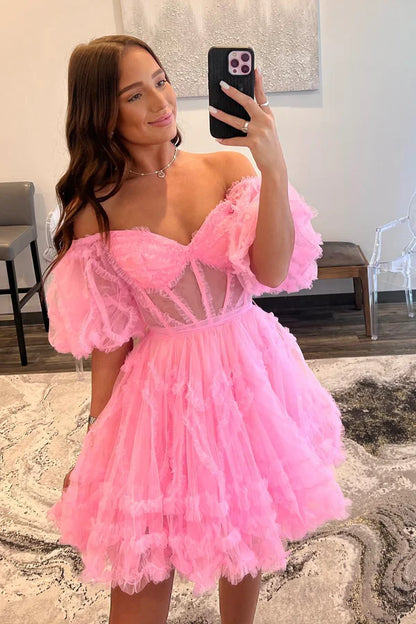 Pink Tulle Short A-Line Prom Dress Cute Puff Sleeves Homecoming Dress