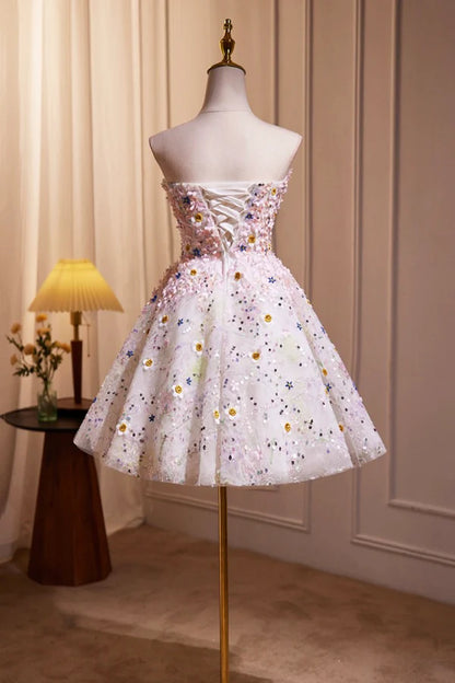 Cute 3D Floral Knee Length Party Dress A-line Strapless Homecoming Dress