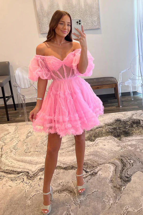 Pink Tulle Short A-Line Prom Dress Cute Puff Sleeves Homecoming Dress