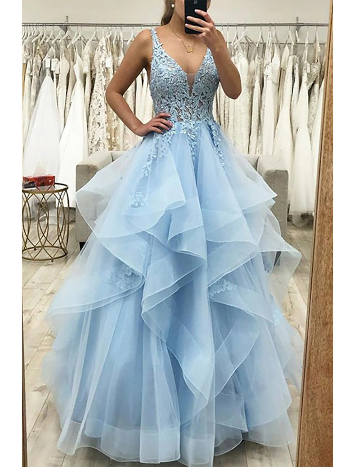 Ball Gown A-Line Prom Dresses Princess Dress Formal Prom Floor Length Sleeveless V Neck Tulle Backless with Pleats Ruched Appliques