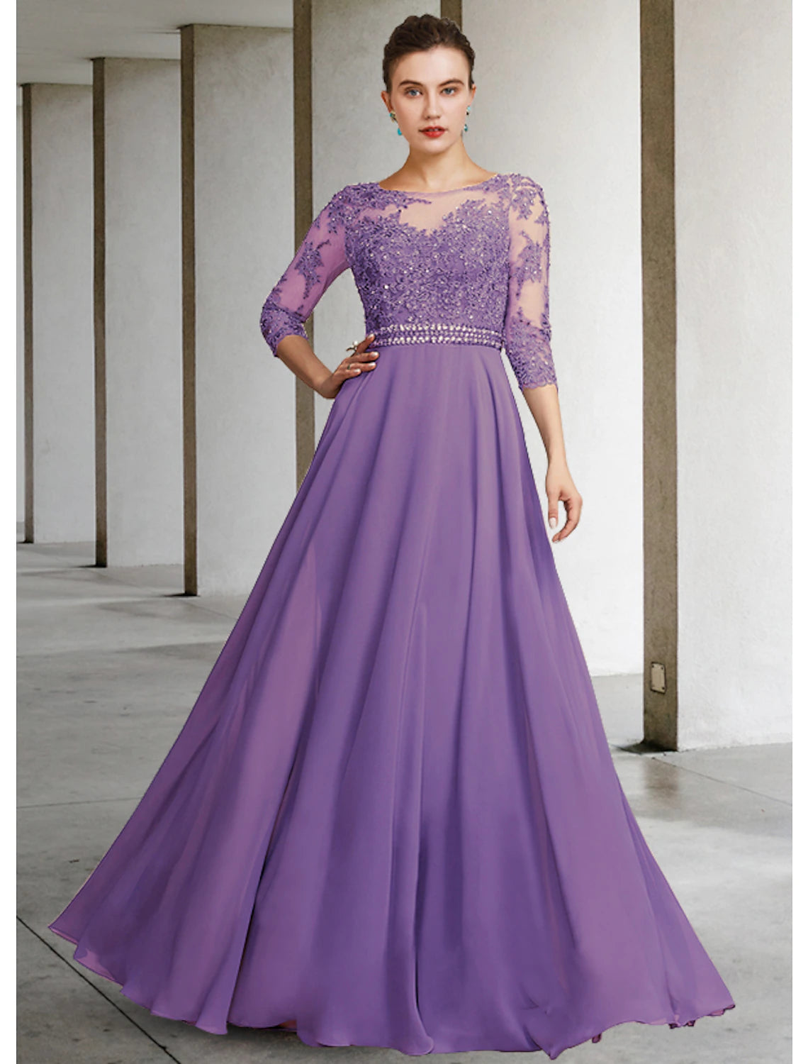 A-Line Mother of the Bride Dress Elegant Jewel Neck Floor Length Chiffon Lace 3/4 Length Sleeve with Pleats Appliques