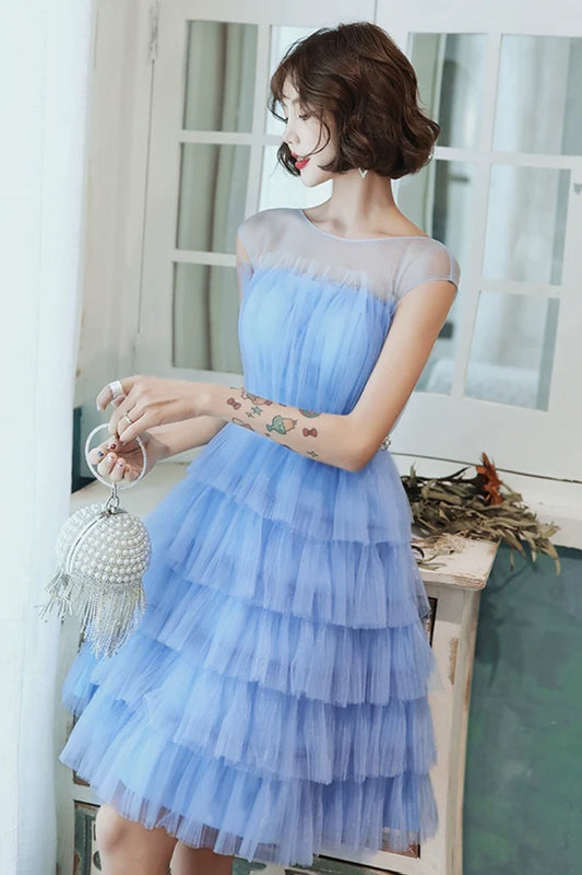 Blue Tulle Short Prom Dress Cute Round Neck Layered Blue Party Dress