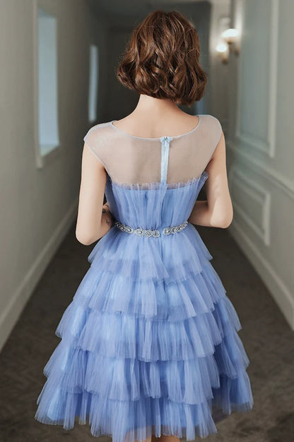 Blue Tulle Short Prom Dress Cute Round Neck Layered Blue Party Dress