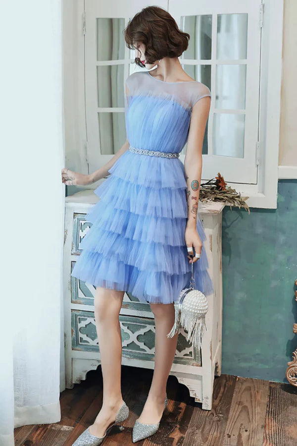 Blue Tulle Short Prom Dress Cute Round Neck Layered Blue Party Dress