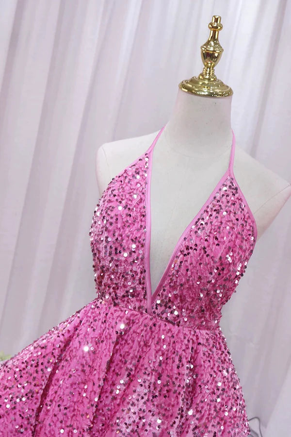 Pink V-Neck Sequins Short Prom Dress Pink A-Line Backless Party Dress