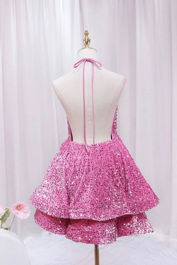 Pink V-Neck Sequins Short Prom Dress Pink A-Line Backless Party Dress