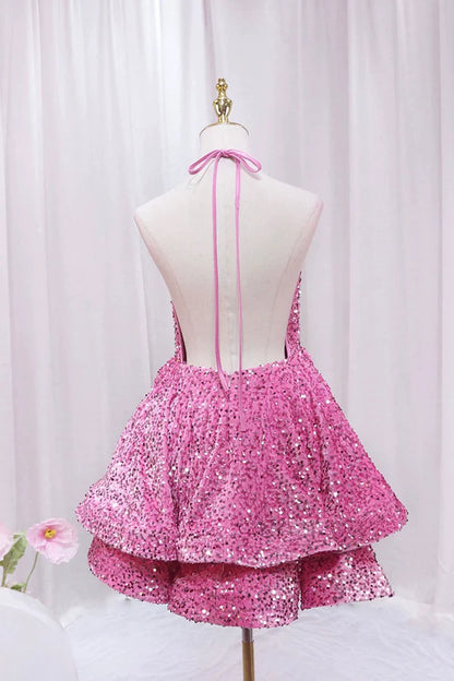 Pink V-Neck Sequins Short Prom Dress Pink A-Line Backless Party Dress