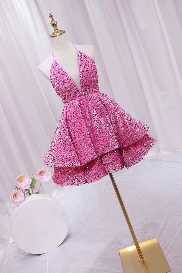 Pink V-Neck Sequins Short Prom Dress Pink A-Line Backless Party Dress