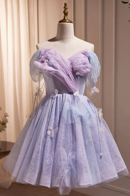 Purple Tulle Short Party Dress Cute A-Line Off Shoulder Prom Dress