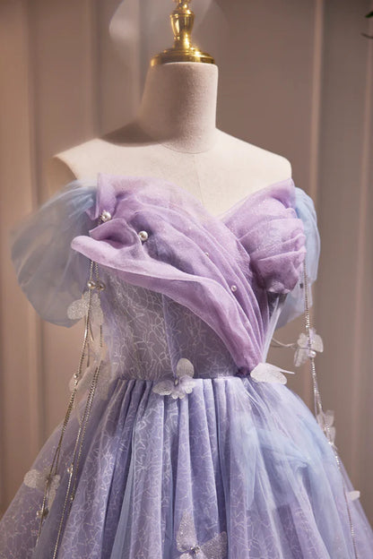 Purple Tulle Short Party Dress Cute A-Line Off Shoulder Prom Dress