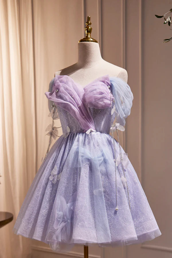 Purple Tulle Short Party Dress Cute A-Line Off Shoulder Prom Dress