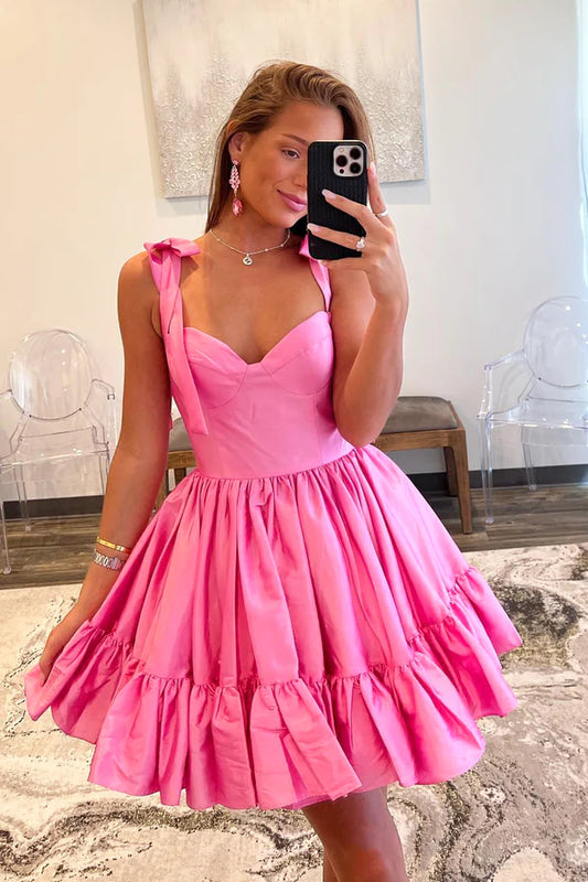 Pink Short Graduation Dress Cute A-line Sweetheart Satin Pink Homecoming Dress