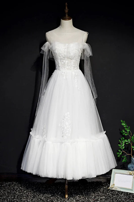 White Lace A-Line Tea Length Prom Dress