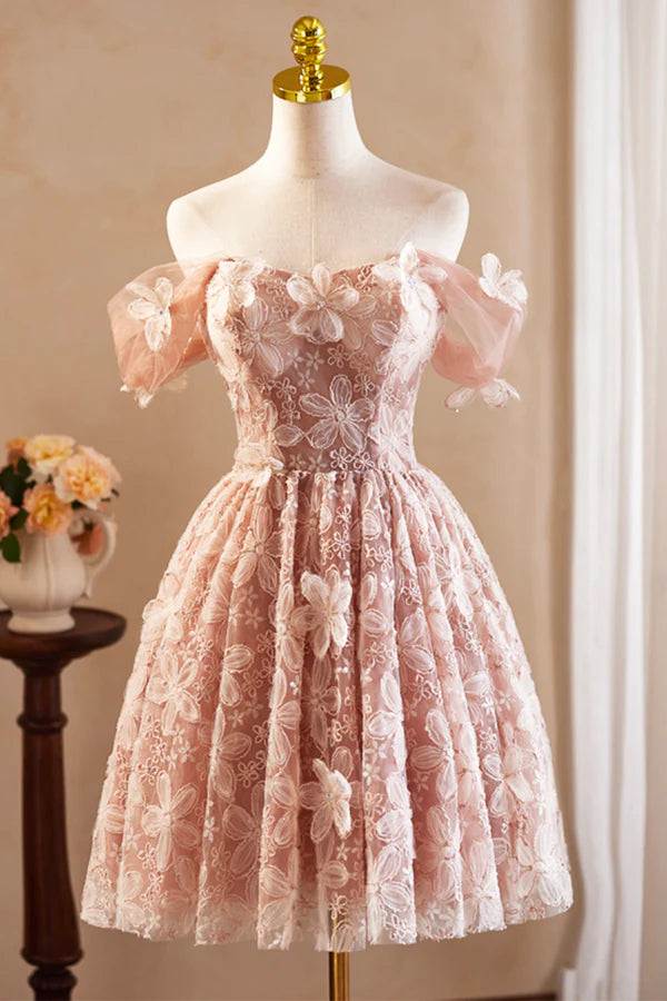 Beautiful Tulle Flower Knee Length Prom Dress Off the Shoulder Short Sleeve Evening Party Dress