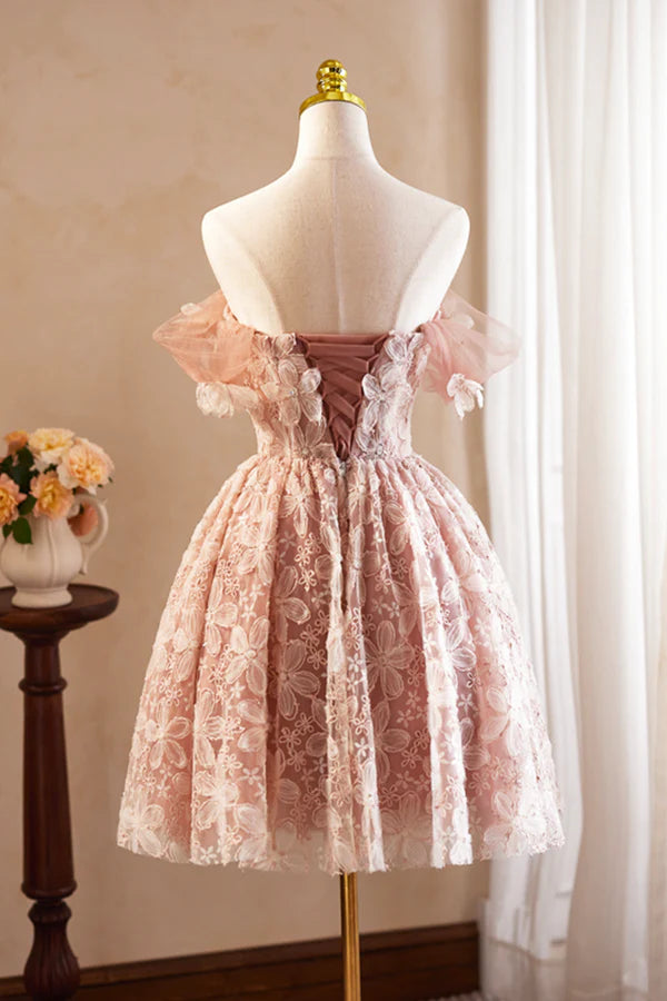 Beautiful Tulle Flower Knee Length Prom Dress Off the Shoulder Short Sleeve Evening Party Dress