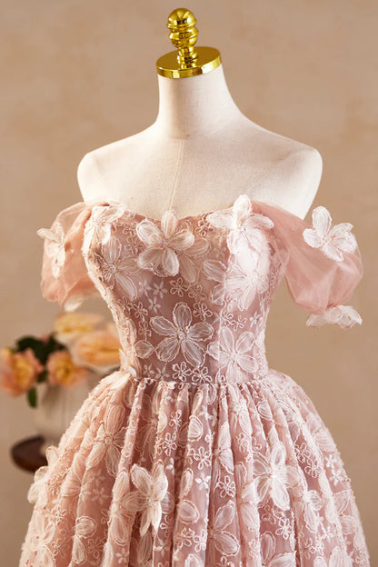 Beautiful Tulle Flower Knee Length Prom Dress Off the Shoulder Short Sleeve Evening Party Dress