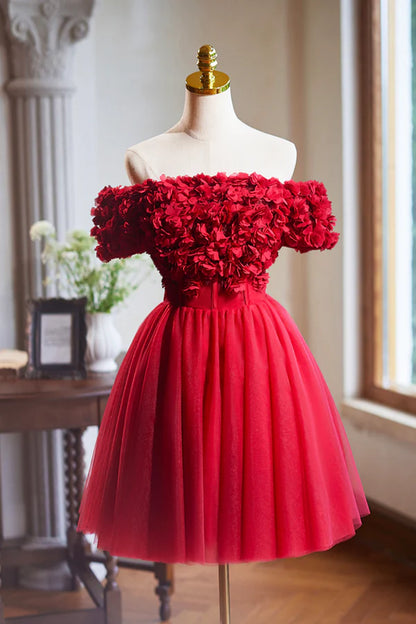 Cute Tulle Short Prom Dress with Appliques Red A-Line Homecoming Party Dress