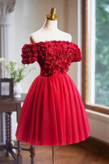 Cute Tulle Short Prom Dress with Appliques Red A-Line Homecoming Party Dress