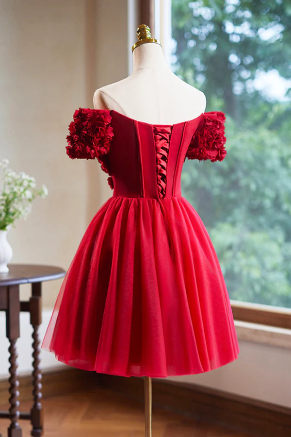 Cute Tulle Short Prom Dress with Appliques Red A-Line Homecoming Party Dress