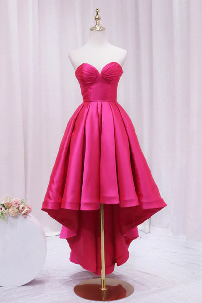 Hot Pink Satin High Low Prom Dress Cute Sweetheart Neck Evening Party Dress