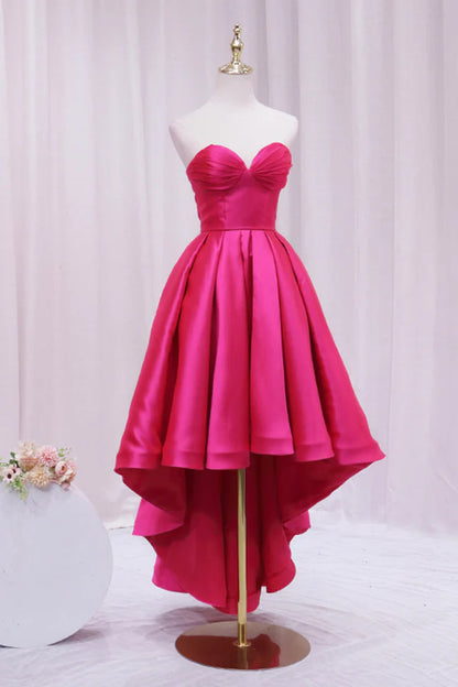 Hot Pink Satin High Low Prom Dress Cute Sweetheart Neck Evening Party Dress