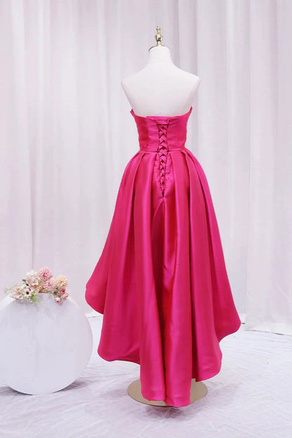 Hot Pink Satin High Low Prom Dress Cute Sweetheart Neck Evening Party Dress