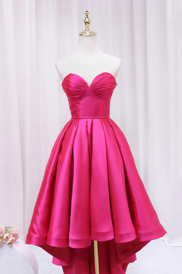 Hot Pink Satin High Low Prom Dress Cute Sweetheart Neck Evening Party Dress