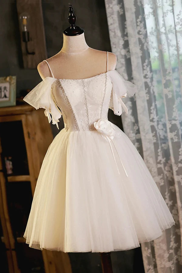 Lovely Spaghetti Strap Tulle Short Prom Dress Light Champagne A-Line Evening Party Dress