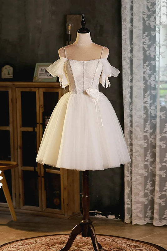 Lovely Spaghetti Strap Tulle Short Prom Dress Light Champagne A-Line Evening Party Dress