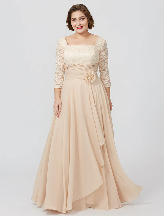 Sheath / Column Mother of the Bride Dress Formal Classic & Timeless Elegant & Luxurious Plus Size Square Neck Floor Length Chiffon Metallic Lace 3/4 Length Sleeve No with Sash / Ribbon Flower