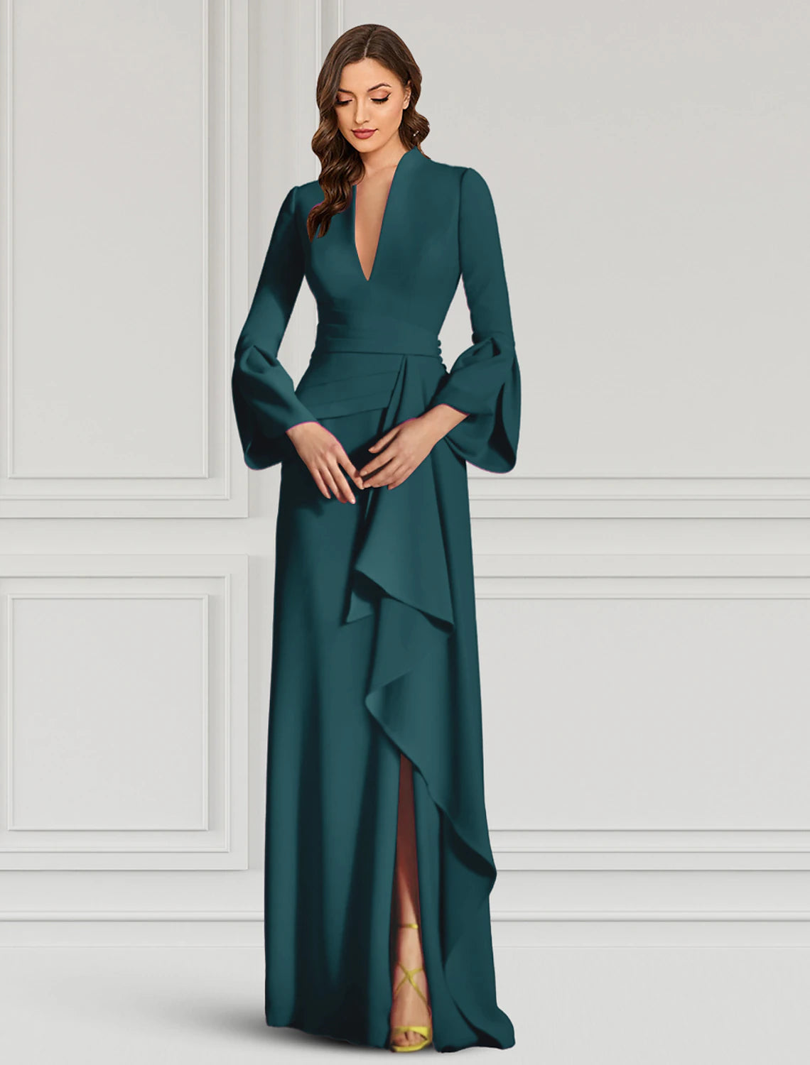 Sheath / Column Evening Gown Elegant Dress Formal Cocktail Party Dress Floor Length Long Sleeve V Neck Fall Wedding Guest Stretch Fabric with Ruffles