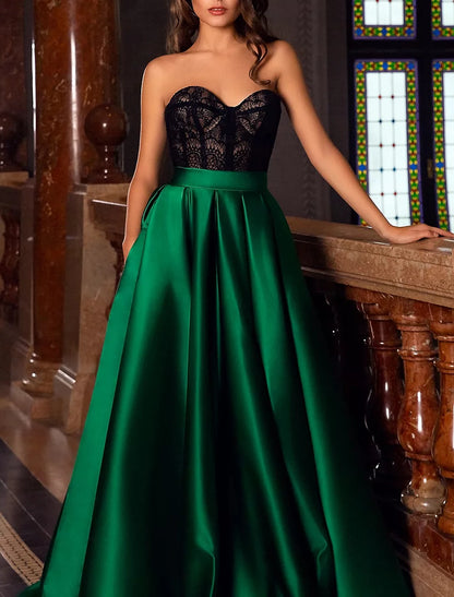 A-Line Evening Gown Vintage Dress Christmas Engagement Court Train Sleeveless Sweetheart Pocket Satin with Slit Embroidery Pocket