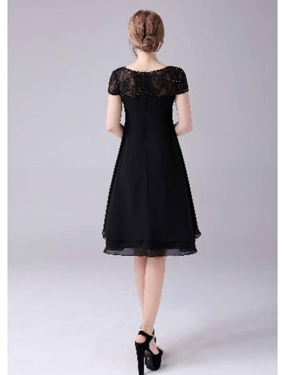 A-Line Mother of the Bride Dress Plus Size Elegant Jewel Neck Knee Length Chiffon Short Sleeve with Lace Beading Tier