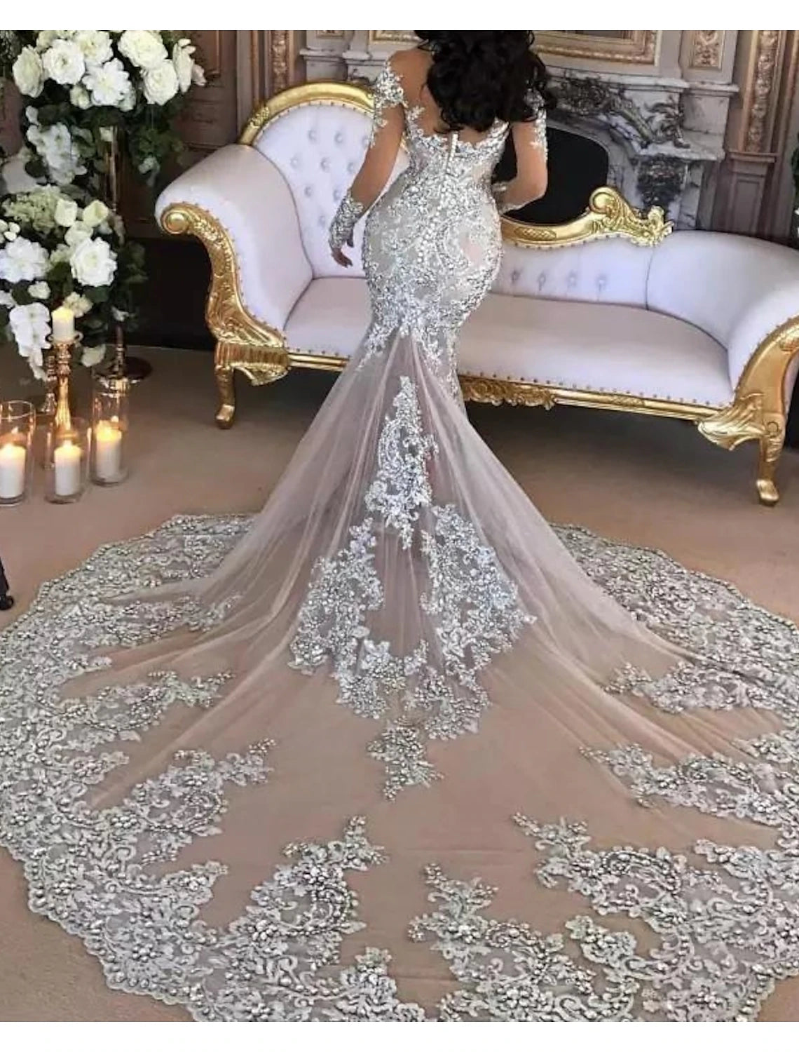 Sparkle & Shine Formal Fall Wedding Dresses Mermaid / Trumpet High Neck Long Sleeve Chapel Train Lace Bridal Gowns With Lace Insert Appliques