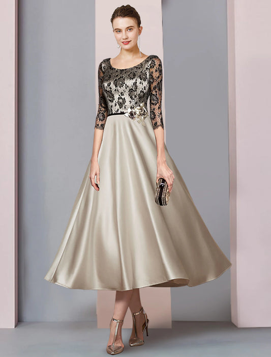 A-Line Mother of the Bride Dress Formal Church Party Elegant Scoop Neck Tea Length Satin Lace Half Sleeve with Flower