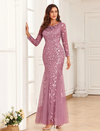 Mermaid / Trumpet Evening Gown Elegant Dress Prom Wedding Party Floor Length Long Sleeve Jewel Neck Tulle with Embroidery